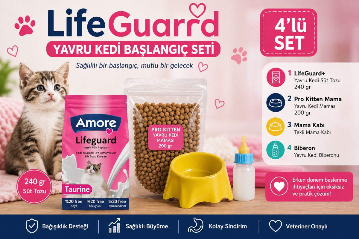 LifeGuard Yavru Kedi Başlangıç Seti (4'lü) - 240 gr Süt Tozu + 200 gr Yavru Kedi Maması + Mama Kabı + Biberon